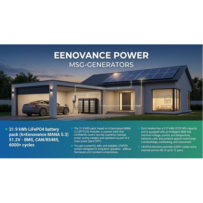 Аккумулятор LiFePO4 Eenovance 5.3 кВт·ч 51.2В для дома, BMS, 6000 циклов, срок службы 10 лет, до 15 параллельно
